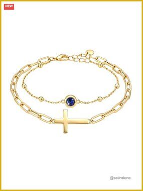 14K Gold Plated Layered Cross Birthstone Chain Bracelet for Women